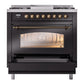 ILVE Nostalgie II 36-Inch Dual Fuel Range with 6 Sealed Burners + Griddle, 3.5 cu. ft. Oven, Glossy Black with Burnished Trim, Natural Gas, Triple Glass Door, UP36FNMPBKB