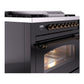 ILVE Nostalgie II 36-Inch Dual Fuel Range with 6 Sealed Burners + Griddle, 3.5 cu. ft. Oven, Glossy Black with Burnished Trim, Natural Gas, Triple Glass Door, UP36FNMPBKB