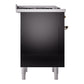 ILVE Nostalgie II 36-Inch Dual Fuel Range with 6 Sealed Burners + Griddle, 3.5 cu. ft. Oven, Glossy Black with Burnished Trim, Natural Gas, Triple Glass Door, UP36FNMPBKB