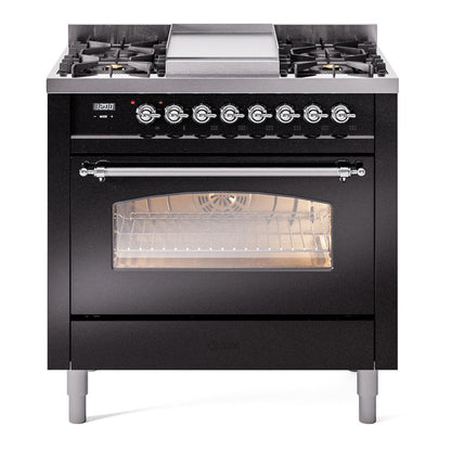 ILVE Nostalgie II 36-Inch Dual Fuel Range with 6 Sealed Burners + Griddle, 3.5 cu. ft. Oven, Glossy Black with Chrome Trim, Liquid Propane, Triple Glass Door, UP36FNMPBKCLP
