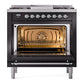 ILVE Nostalgie II 36-Inch Dual Fuel Range with 6 Sealed Burners + Griddle, 3.5 cu. ft. Oven, Glossy Black with Chrome Trim, Liquid Propane, Triple Glass Door, UP36FNMPBKCLP