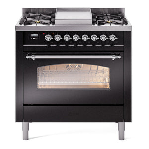 ILVE Nostalgie II 36-Inch Dual Fuel Range with 6 Sealed Burners + Griddle, 3.5 cu. ft. Oven, Glossy Black with Chrome Trim, Natural Gas, Triple Glass Door, UP36FNMPBKC