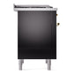 ILVE Nostalgie II 36-Inch Dual Fuel Range with 6 Sealed Burners + Griddle, 3.5 cu. ft. Oven, Glossy Black with Brass Trim, Liquid Propane, Triple Glass Door, UP36FNMPBKGLP