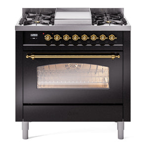 ILVE Nostalgie II 36-Inch Dual Fuel Range with 6 Sealed Burners + Griddle, 3.5 cu. ft. Oven, Glossy Black with Brass Trim, Natural Gas, Triple Glass Door, UP36FNMPBKG