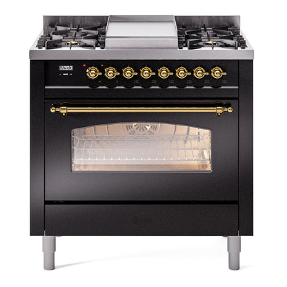 ILVE Nostalgie II 36-Inch Dual Fuel Range with 6 Sealed Burners + Griddle, 3.5 cu. ft. Oven, Glossy Black with Brass Trim, Natural Gas, Triple Glass Door, UP36FNMPBKG