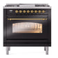 ILVE Nostalgie II 36-Inch Dual Fuel Range with 6 Sealed Burners + Griddle, 3.5 cu. ft. Oven, Glossy Black with Brass Trim, Natural Gas, Triple Glass Door, UP36FNMPBKG
