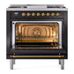ILVE Nostalgie II 36-Inch Dual Fuel Range with 6 Sealed Burners + Griddle, 3.5 cu. ft. Oven, Glossy Black with Brass Trim, Natural Gas, Triple Glass Door, UP36FNMPBKG