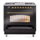 ILVE Nostalgie II 36-Inch Dual Fuel Range with 6 Sealed Burners + Griddle, 3.5 cu. ft. Oven, Glossy Black with Brass Trim, Natural Gas, Triple Glass Door, UP36FNMPBKG