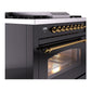 ILVE Nostalgie II 36-Inch Dual Fuel Range with 6 Sealed Burners + Griddle, 3.5 cu. ft. Oven, Glossy Black with Brass Trim, Natural Gas, Triple Glass Door, UP36FNMPBKG
