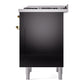 ILVE Nostalgie II 36-Inch Dual Fuel Range with 6 Sealed Burners + Griddle, 3.5 cu. ft. Oven, Glossy Black with Brass Trim, Natural Gas, Triple Glass Door, UP36FNMPBKG