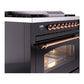 ILVE Nostalgie II 36-Inch Dual Fuel Range with 6 Sealed Burners + Griddle, 3.5 cu. ft. Oven, Glossy Black with Copper Trim, Liquid Propane, Triple Glass Door, UP36FNMPBKPLP