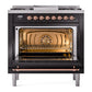 ILVE Nostalgie II 36-Inch Dual Fuel Range with 6 Sealed Burners + Griddle, 3.5 cu. ft. Oven, Glossy Black with Copper Trim, Natural Gas, Triple Glass Door, UP36FNMPBKP