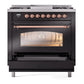 ILVE Nostalgie II 36-Inch Dual Fuel Range with 6 Sealed Burners + Griddle, 3.5 cu. ft. Oven, Glossy Black with Copper Trim, Natural Gas, Triple Glass Door, UP36FNMPBKP