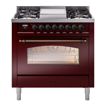 ILVE Nostalgie II 36-Inch Dual Fuel Range with 6 Sealed Burners + Griddle, 3.5 cu. ft. Oven, Burgundy with Burnished Trim, Liquid Propane, Triple Glass Door, UP36FNMPBUBLP