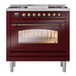 ILVE Nostalgie II 36-Inch Dual Fuel Range with 6 Sealed Burners + Griddle, 3.5 cu. ft. Oven, Burgundy with Burnished Trim, Liquid Propane, Triple Glass Door, UP36FNMPBUBLP