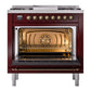ILVE Nostalgie II 36-Inch Dual Fuel Range with 6 Sealed Burners + Griddle, 3.5 cu. ft. Oven, Burgundy with Burnished Trim, Liquid Propane, Triple Glass Door, UP36FNMPBUBLP
