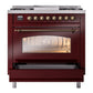 ILVE Nostalgie II 36-Inch Dual Fuel Range with 6 Sealed Burners + Griddle, 3.5 cu. ft. Oven, Burgundy with Burnished Trim, Liquid Propane, Triple Glass Door, UP36FNMPBUBLP