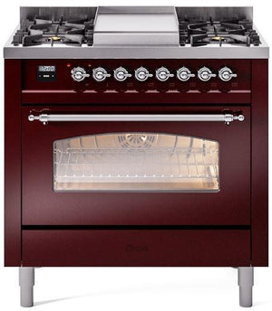 ILVE Nostalgie II 36" Dual Fuel Propane Gas Range in Burgundy with Chrome Trim, UP36FNMPBUCLP