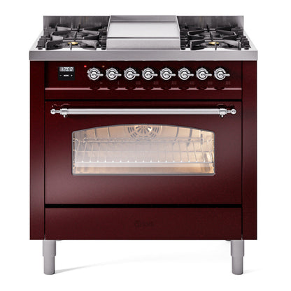 ILVE Nostalgie II 36-Inch Dual Fuel Range with 6 Sealed Burners + Griddle, 3.5 cu. ft. Oven, Burgundy with Chrome Trim, Natural Gas, Triple Glass Door, UP36FNMPBUC