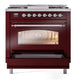 ILVE Nostalgie II 36-Inch Dual Fuel Range with 6 Sealed Burners + Griddle, 3.5 cu. ft. Oven, Burgundy with Chrome Trim, Natural Gas, Triple Glass Door, UP36FNMPBUC