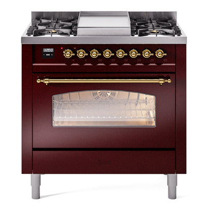 ILVE Nostalgie II 36-Inch Dual Fuel Range with 6 Sealed Burners + Griddle, 3.5 cu. ft. Oven, Burgundy with Brass Trim, Liquid Propane, Triple Glass Door, UP36FNMPBUGLP