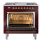 ILVE Nostalgie II 36-Inch Dual Fuel Range with 6 Sealed Burners + Griddle, 3.5 cu. ft. Oven, Burgundy with Brass Trim, Liquid Propane, Triple Glass Door, UP36FNMPBUGLP