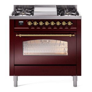 ILVE Nostalgie II 36-Inch Dual Fuel Range with 6 Sealed Burners + Griddle, 3.5 cu. ft. Oven, Burgundy with Brass Trim, Natural Gas, Triple Glass Door, UP36FNMPBUG