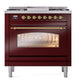 ILVE Nostalgie II 36-Inch Dual Fuel Range with 6 Sealed Burners + Griddle, 3.5 cu. ft. Oven, Burgundy with Brass Trim, Natural Gas, Triple Glass Door, UP36FNMPBUG