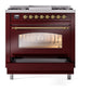 ILVE Nostalgie II 36-Inch Dual Fuel Range with 6 Sealed Burners + Griddle, 3.5 cu. ft. Oven, Burgundy with Brass Trim, Natural Gas, Triple Glass Door, UP36FNMPBUG