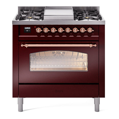 ILVE Nostalgie II 36-Inch Dual Fuel Range with 6 Sealed Burners + Griddle, 3.5 cu. ft. Oven, Burgundy with Copper Trim, Natural Gas, Triple Glass Door, UP36FNMPBUP