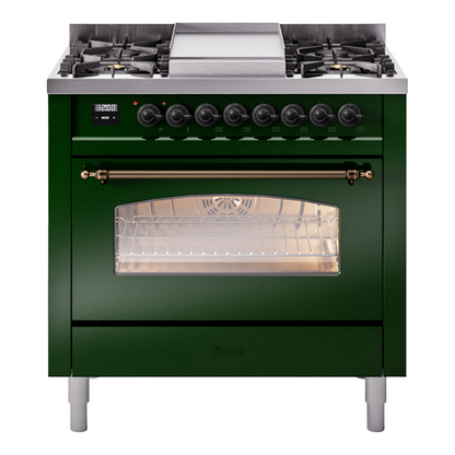 ILVE Nostalgie II 36-Inch Dual Fuel Range with 6 Sealed Burners + Griddle, 3.5 cu. ft. Oven, Emerald Green with Burnished Trim, Natural Gas, Triple Glass Door, UP36FNMPEGB