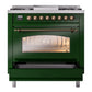 ILVE Nostalgie II 36-Inch Dual Fuel Range with 6 Sealed Burners + Griddle, 3.5 cu. ft. Oven, Emerald Green with Burnished Trim, Natural Gas, Triple Glass Door, UP36FNMPEGB