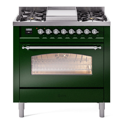 ILVE Nostalgie II 36-Inch Dual Fuel Range with 6 Sealed Burners + Griddle, 3.5 cu. ft. Oven, Emerald Green with Chrome Trim, Liquid Propane, Triple Glass Door, UP36FNMPEGCLP