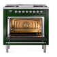 ILVE Nostalgie II 36-Inch Dual Fuel Range with 6 Sealed Burners + Griddle, 3.5 cu. ft. Oven, Emerald Green with Chrome Trim, Natural Gas, Triple Glass Door, UP36FNMPEGC