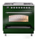 ILVE Nostalgie II 36-Inch Dual Fuel Range with 6 Sealed Burners + Griddle, 3.5 cu. ft. Oven, Emerald Green with Chrome Trim, Natural Gas, Triple Glass Door, UP36FNMPEGC