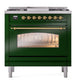 ILVE Nostalgie II 36-Inch Dual Fuel Range with 6 Sealed Burners + Griddle, 3.5 cu. ft. Oven, Emerald Green with Brass Trim, Liquid Propane, Triple Glass Door, UP36FNMPEGGLP
