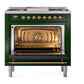 ILVE Nostalgie II 36-Inch Dual Fuel Range with 6 Sealed Burners + Griddle, 3.5 cu. ft. Oven, Emerald Green with Brass Trim, Liquid Propane, Triple Glass Door, UP36FNMPEGGLP