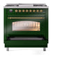 ILVE Nostalgie II 36-Inch Dual Fuel Range with 6 Sealed Burners + Griddle, 3.5 cu. ft. Oven, Emerald Green with Brass Trim, Liquid Propane, Triple Glass Door, UP36FNMPEGGLP
