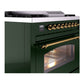 ILVE Nostalgie II 36-Inch Dual Fuel Range with 6 Sealed Burners + Griddle, 3.5 cu. ft. Oven, Emerald Green with Brass Trim, Liquid Propane, Triple Glass Door, UP36FNMPEGGLP