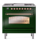 ILVE Nostalgie II 36-Inch Dual Fuel Range with 6 Sealed Burners + Griddle, 3.5 cu. ft. Oven, Emerald Green with Brass Trim, Natural Gas, Triple Glass Door, UP36FNMPEGG