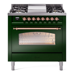 ILVE Nostalgie II 36-Inch Dual Fuel Range with 6 Sealed Burners + Griddle, 3.5 cu. ft. Oven, Emerald Green with Copper Trim, Natural Gas, Triple Glass Door, UP36FNMPEGP