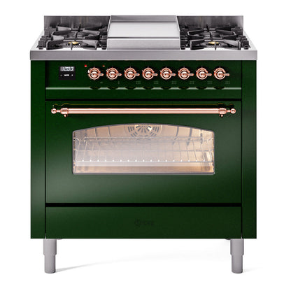 ILVE Nostalgie II 36-Inch Dual Fuel Range with 6 Sealed Burners + Griddle, 3.5 cu. ft. Oven, Emerald Green with Copper Trim, Natural Gas, Triple Glass Door, UP36FNMPEGP
