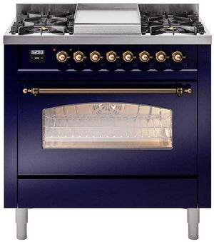 ILVE Nostalgie II 36" Dual Fuel Natural Gas Range in Blue with Bronze Trim, UP36FNMPMBB