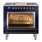 ILVE Nostalgie II 36-Inch Dual Fuel Range with 6 Sealed Burners + Griddle, 3.5 cu. ft. Oven, Midnight Blue with Burnished Trim, Liquid Propane, Triple Glass Door, UP36FNMPMBBLP