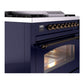 ILVE Nostalgie II 36-Inch Dual Fuel Range with 6 Sealed Burners + Griddle, 3.5 cu. ft. Oven, Midnight Blue with Burnished Trim, Liquid Propane, Triple Glass Door, UP36FNMPMBBLP