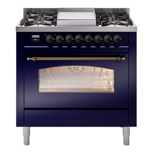 ILVE Nostalgie II 36-Inch Dual Fuel Range with 6 Sealed Burners + Griddle, 3.5 cu. ft. Oven, Midnight Blue with Burnished Trim, Natural Gas, Triple Glass Door, UP36FNMPMBB