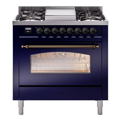 ILVE Nostalgie II 36-Inch Dual Fuel Range with 6 Sealed Burners + Griddle, 3.5 cu. ft. Oven, Midnight Blue with Burnished Trim, Natural Gas, Triple Glass Door, UP36FNMPMBB