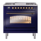 ILVE Nostalgie II 36-Inch Dual Fuel Range with 6 Sealed Burners + Griddle, 3.5 cu. ft. Oven, Midnight Blue with Burnished Trim, Natural Gas, Triple Glass Door, UP36FNMPMBB