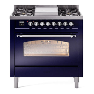 ILVE Nostalgie II 36-Inch Dual Fuel Range with 6 Sealed Burners + Griddle, 3.5 cu. ft. Oven, Midnight Blue with Chrome Trim, Liquid Propane, Triple Glass Door, UP36FNMPMBCLP