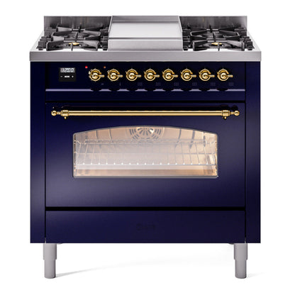 ILVE Nostalgie II 36-Inch Dual Fuel Range with 6 Sealed Burners + Griddle, 3.5 cu. ft. Oven, Midnight Blue with Brass Trim, Liquid Propane, Triple Glass Door, UP36FNMPMBGLP